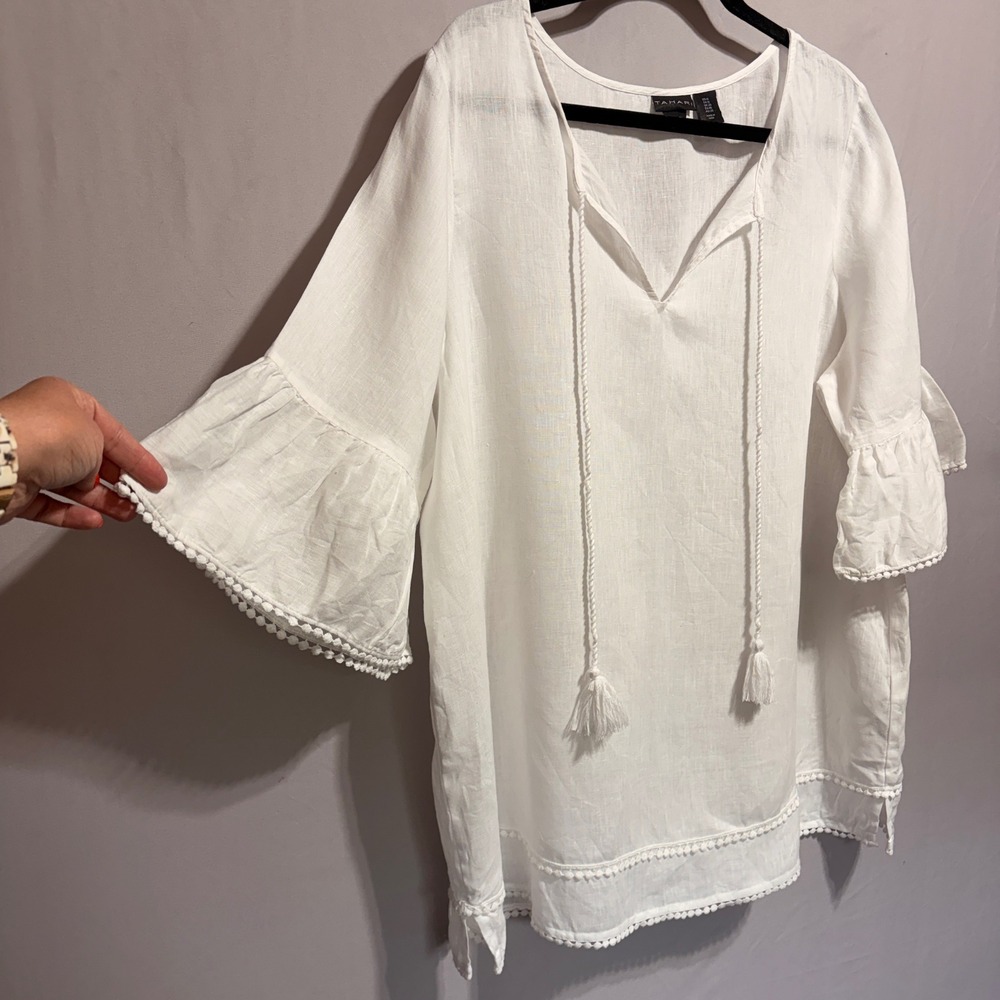 Tahari 100% Linen Peasant Tunic Top 1X White Pom Pom Trim Beach Coastal Boho